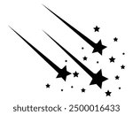 Black falling stars icon. Shooting stars icon vector set. Abstract silhouette of shooting star. Meteorite and comet symbols. Flying comet with tail, falling meteor, abstract galaxy element.	