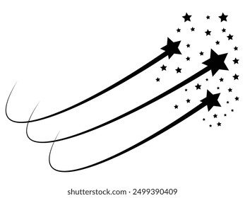 Black falling stars icon. Shooting stars icon vector set. Abstract silhouette of shooting star. Meteorite and comet symbols. Flying comet with tail, falling meteor, abstract galaxy element.	