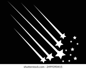 Black falling stars icon. Shooting stars icon vector set. Abstract silhouette of shooting star. Meteorite and comet symbols. Flying comet with tail, falling meteor, abstract galaxy element.	