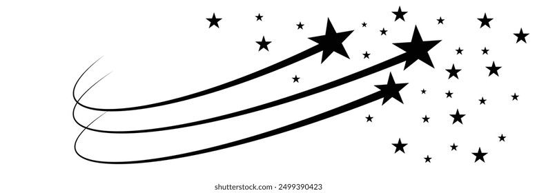 Black falling stars icon. Shooting stars icon vector set. Abstract silhouette of shooting star. Meteorite and comet symbols. Flying comet with tail, falling meteor, abstract galaxy element.	