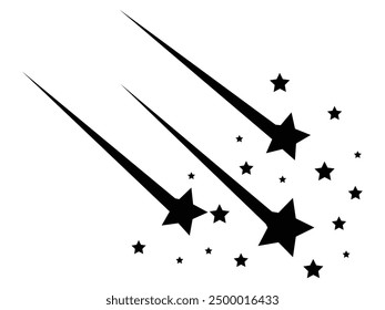 Black falling stars icon. Shooting stars icon vector set. Abstract silhouette of shooting star. Meteorite and comet symbols. Flying comet with tail, falling meteor, abstract galaxy element.	