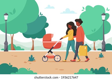 Black family with baby carriage walking in the park. Outdoor activity. Vector illustration