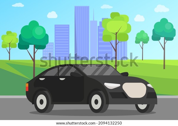 Black family car for driving on road. Transport for\
traveling and city trips. Flat automobile with isolated white\
background vector. Modern car design transport and equipment ,\
vehicle sedan side view