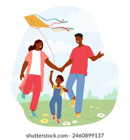 Black Family Characters With A Child Walks Together Across A Grassy Field With A Large Rainbow Kite Soaring Overhead, Symbolizing Togetherness And Cherished Moments. Cartoon People Vector Illustration