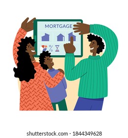 A black family with a child is choosing a house on a mortgage. The family buys a house with a mortgage. A young couple chooses a home. House Loan, Rent and Mortgage Concept.