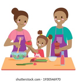 Black Family With Child Cooking In Kitchen. Mother, Father And Daughter Cook. Family Cooking. Stock Vector Cartoon Illustration.