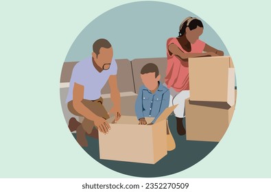 A black family and a child are opening  boxes in their new apartment. Moving home activity. Unboxing together concept