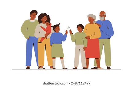 Black family with children, parents and grandparents. Three generations stand and embrace together. African American family friendly and unity concept. Vector illustration