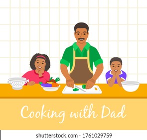 Black Family Cooking Together. Dad With Two Happy Kids Cuts Vegetables For The Dinner. Flat Cartoon Illustration. Little Son And Daughter Help Father Cook Meals In The Kitchen. Stay Home Concept