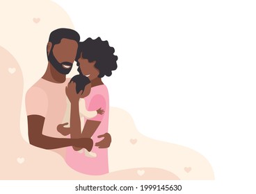 Black family couple tenderly and caringly hugging their little child. Family day, loving parents, happy childhood. Vector illustration on a minimalistic background with copy space for text.