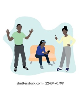 Black family, dad and mom scold their daughter, who is sitting on the sofa with a phone in her hands, raising teenagers, flat vector, isolate on white, generation difference