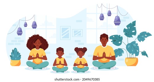 Black family doing yoga in cozy interior. Family spending time together. Vector illustration