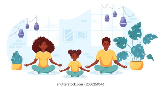 Black family doing yoga in cozy interior. Family spending time together. Vector illustration