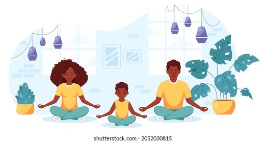 Black family doing yoga in cozy interior. Family spending time together. Vector illustration