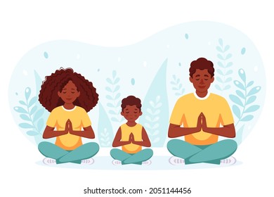 Black family doing yoga. Family spending time together. Vector illustration