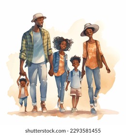 black family going out together happily in watercolor illustration