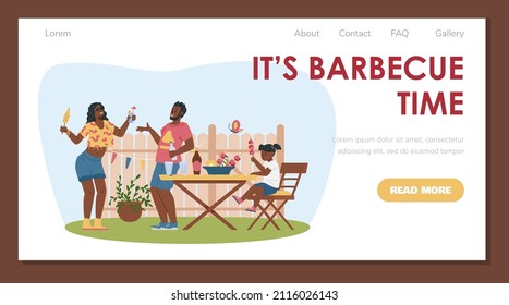 Black family have a picnic at the backyard, banner for website page. Mom, Dad and baby girl eat food at the garden outside their home, fence with colored flags on the background. Vector illustration.