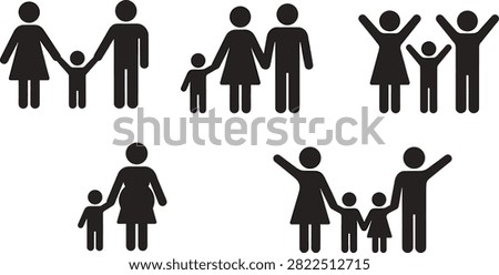 Black family icon set vector illustration featuring parents children holding hands pregnant woman mother and father silhouettes isolated on white background