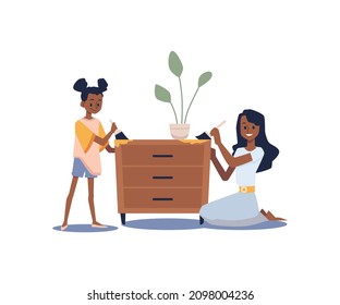 Black Family Of Mom And Kid Repaint Old Dresser Drawers, Cartoon Flat Vector Illustration. Family House Repair Time Together. DIY Concept Of Home Redecoration And Renovation.