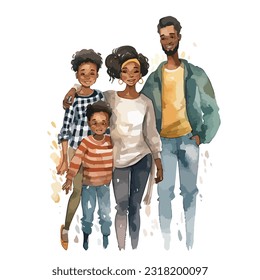 Black family, mother, father, kids, illustration in watercolor