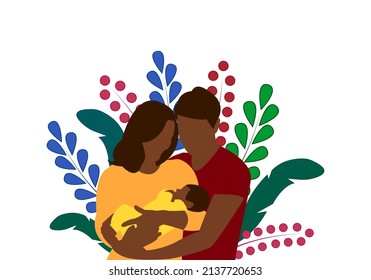 Black family. Parents hold the child in their arms. Motherhood. Paternity. Vector illustration isolated on white background