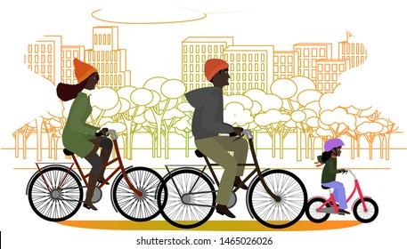 Black family riding bicycles in autumn on city outline backdrop