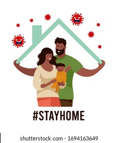 A black family in self isolation at home. Poster stay home during the coronavirus epidemic. Fight the spread of the disease, protect yourself, help doctors. Conceptual flat vector illustration.