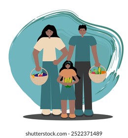 Black family shopping. Vector flat illustration of African American parents and daughter holding woven baskets with groceries.Perfect for market promotions, ads, posters, and family-related designs