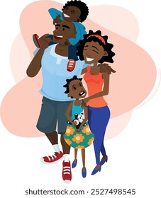 
Black family with a son on his father's shoulder and daughter with teddy bear and smiling mother