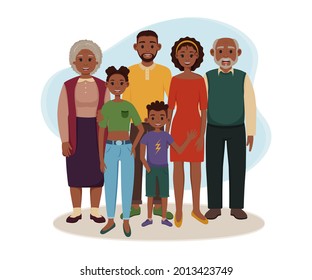 Black Family Are Standing Together. Vector Illustration Of Happy Grandparents, Parents And Children. African American Grandma, Grandpa, Dad, Mom, Son, Daughter