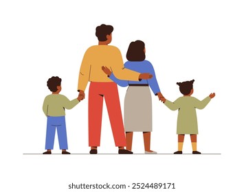 Familia negra con dos niños de pie juntos vista trasera. Los padres toman de las manos a sus hijos en edad preescolar. Concepto familiar y de unidad. Cuidado de niños y concepto de crianza. Ilustración vectorial plana