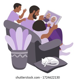 Black Family In A Video Call With Seniors. Grandparents On A Tablet Screen. Father With Two Kids Sitting On A Couch. The Kids Waving Their Hands. Millennial Generation And Boomer Generation