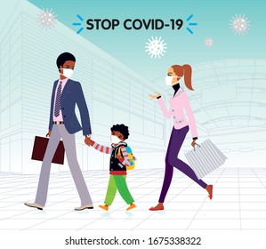 Black Family wearing protecting medical masks walking in the empty city shopping mall. Stop coronavirus concept. Vector illustration
