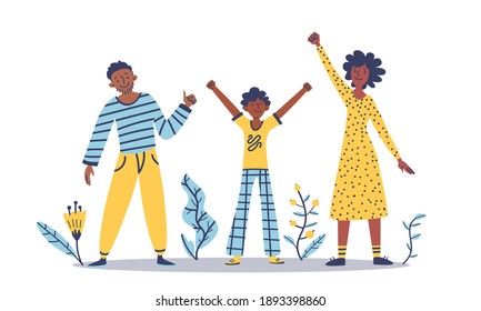 Black family: woman, man, child standing together. Concept: diversity, equality, tolerance Anti-racism vector stock illustration isolated. African american people protest against racial discrimination