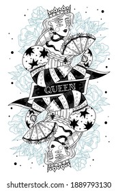 Black fan queen. Young woman with fan and crown, symmetrical image with dividing tape, engraving style, old school hipster tattoo. Vector