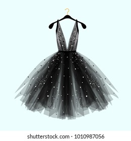 Black fancy dress for special event with decor. Vector Fashion illustration for online shop