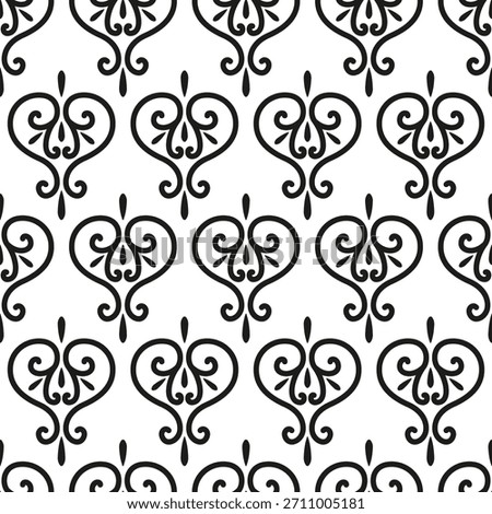 Black fantasy lacy seamless pattern. Classic lacy border of swirls. Black intricate swirly elements on white background. Monochrome medieval ornament.