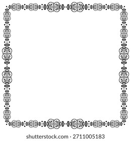 Black fantasy square frame of lacy elements. Lacy border of swirls. Black classic ornament on white background. Monochrome decor for notebook page, organizer, checklist, etc.