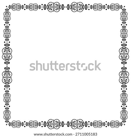 Black fantasy square frame of lacy elements. Lacy border of swirls. Black classic ornament on white background. Monochrome decor for notebook page, organizer, checklist, etc.