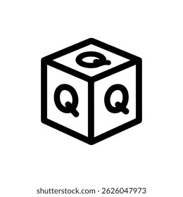 Ícone de contorno de cubo de perguntas frequentes preto com letra Q dentro de preenchimento sólido