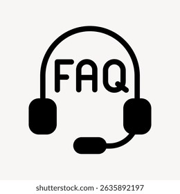 Black FAQ icon with headset and microphone, symbolizing customer support and assistance. FAQ and headset design for help and support themes. User interface icon vector.