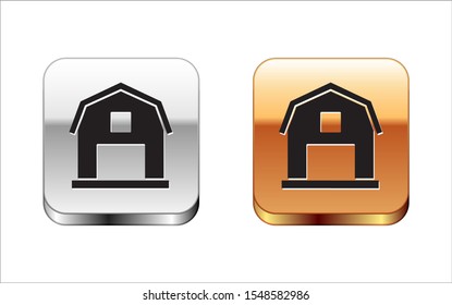 Black Farm House concept icon isolated on white background. Rustic farm landscape. Silver-gold square button. Vector Illustration