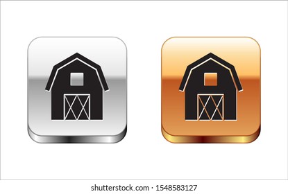 Black Farm House concept icon isolated on white background. Rustic farm landscape. Silver-gold square button. Vector Illustration