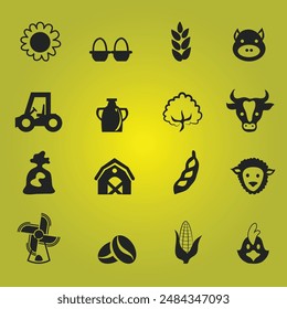 Black farm icons on a yellow background suitable for agricultural websites, organic food blogs, and farmrelated social media posts.