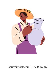 Black farmer holds ceramic jug of milk. Farm worker with pottery pitcher of dairy product in hands. African American person with crock of water. Flat isolated vector illustration on white background