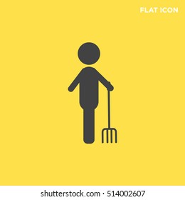 Black farmer, pitchfork in humans hand vector icon on yellow background