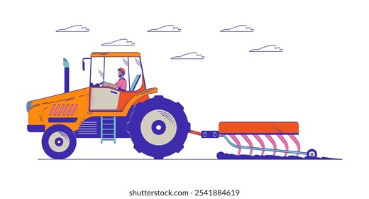 Schwarzer Bauer Reiten Traktor Pflügen Feld doodle Cartoon Illustration. Landwirtschaft. Countryman Traktorfahrer Bauernhof Arbeiter 2D flachen Charakter einzeln auf weiß. Doodleart handgezeichnete Zeichnungsfarbe