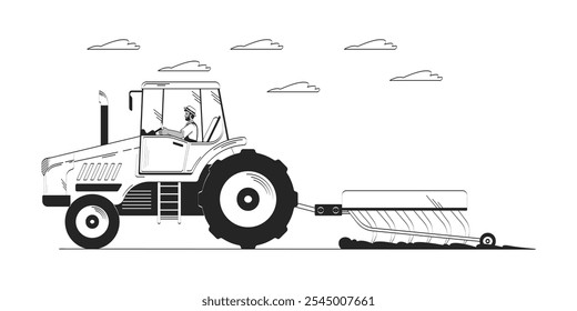 Schwarzer Bauer Reiten Traktor Pflügen Feld doodle lineart Illustration. Landwirtschaft. Countryman Traktorfahrer Bauernhof Arbeiter 2D Linie Tinte Zeichen einzeln auf weiß. Monochrome, handgezeichnete Vektorkontur