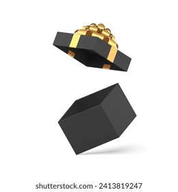 Black fashion gift box with open cap golden bow ribbon empty displaced pack 3d icon realistic vector illustration. Expensive luxury package for present festive holiday surprise male brutal congrats