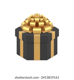 Black fashion hexagon gift box with luxury golden bow ribbon 3d icon realistic vector illustration. Stylish expensive present package for holiday surprise storage birthday anniversary congratulations